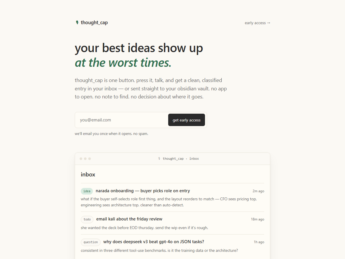 thought_cap landing with the inbox mock showing idea, todo, and question entries.